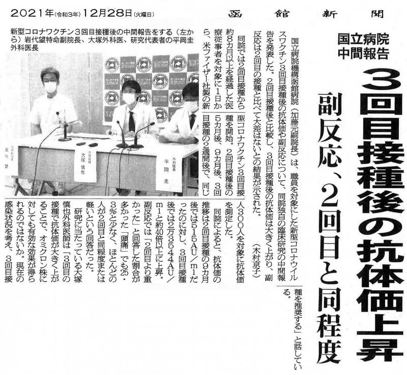 12月28日の函館新聞に「国立病院中間報告　3回目接種後の抗体価上昇　副反応、2回目と同程度」の  記事が掲載されました